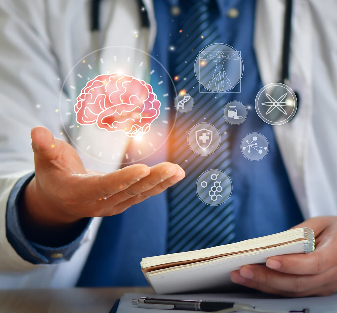 Doctor with floating brain and medical icons.