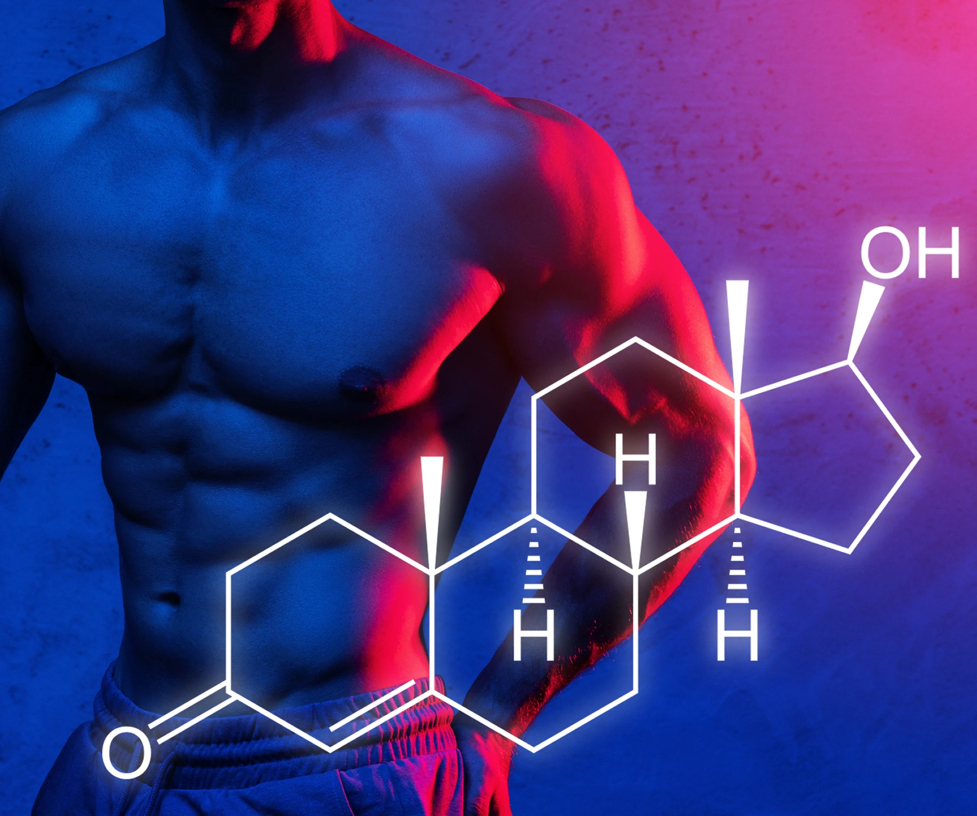 Muscular torso with chemical structure overlay.
